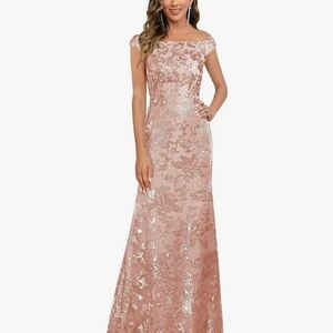 Elegant Off-Shoulder Sequin Lace Evening Gown - Blush Pink